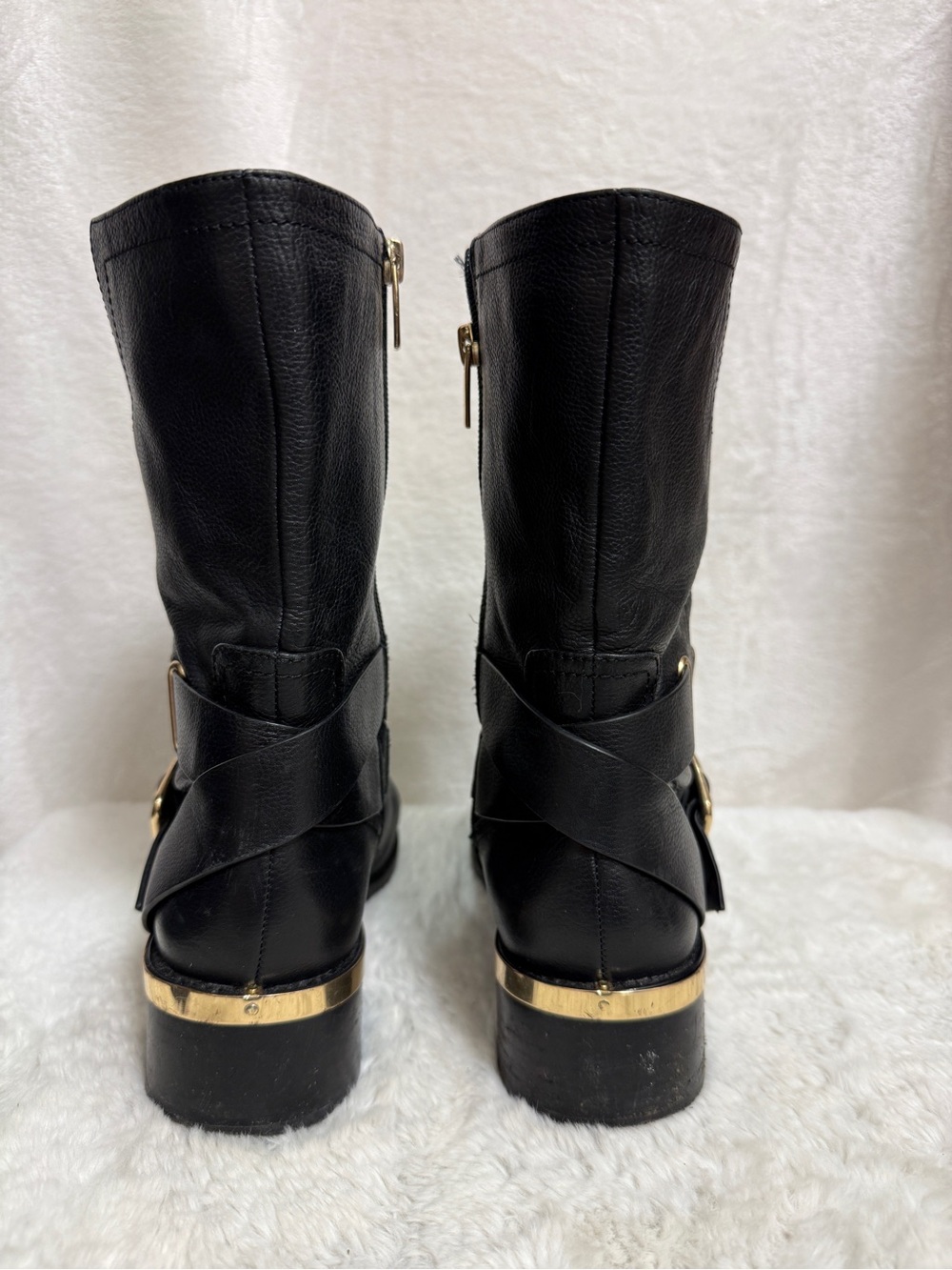 Vince Camuto Black Leather Mid-Calf Buckle Heeled Boots - Picture 5 of 8